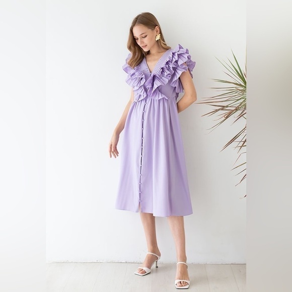 PLEATED RUFFLE BUTTONED DEEP V-NECK DRESS IN LILAC - Picture 2 of 14